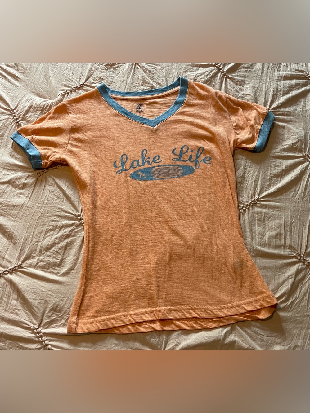 Women’s “Lake Life” V-Neck Tee in Coral with Blue Trim